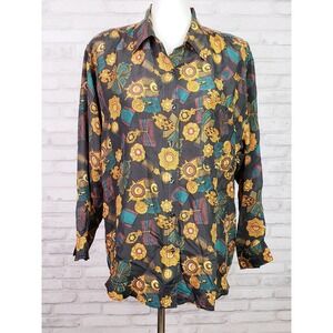 Vintage 80s navy blue silk blouse baroque medals ribbons print sz‎ M by Whistles
